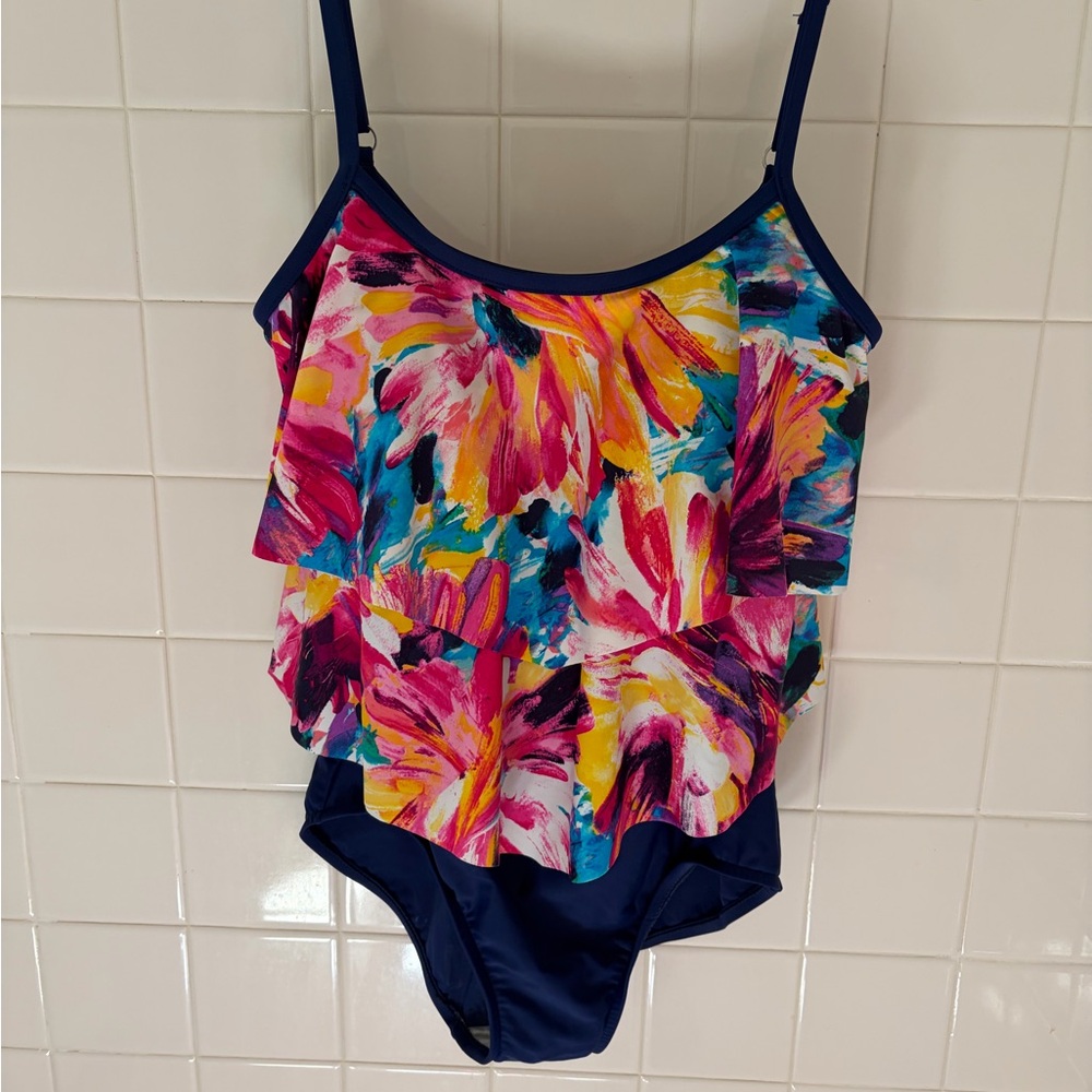 Maxine of Hollywood Navy One-Piece Swimsuit with Bright Floral Ruffle